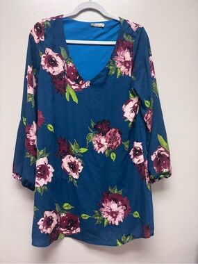 Altar'd State Teal Blue Floral V-Neck Tunic Dress